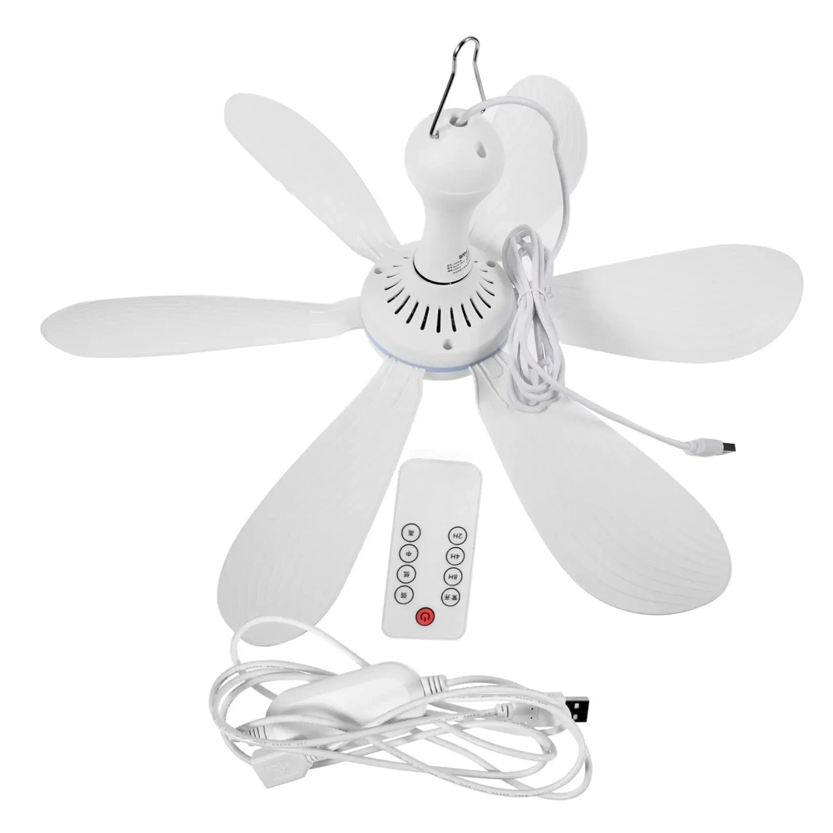 Silent 6-Leaf USB Powered Ceiling Canopy Fan with Remote Control, 4-Speed Timing, Hanging Fan for Camping Bed Dormitory Tent, New