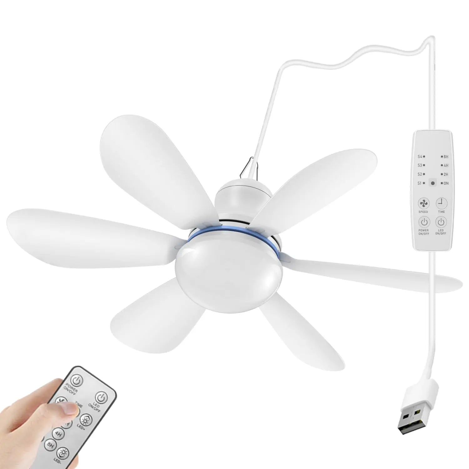 Silent 6-Leaf USB Powered Ceiling Canopy Fan with Remote Control, 4-Speed Timing, Hanging Fan for Camping Bed Dormitory Tent, New