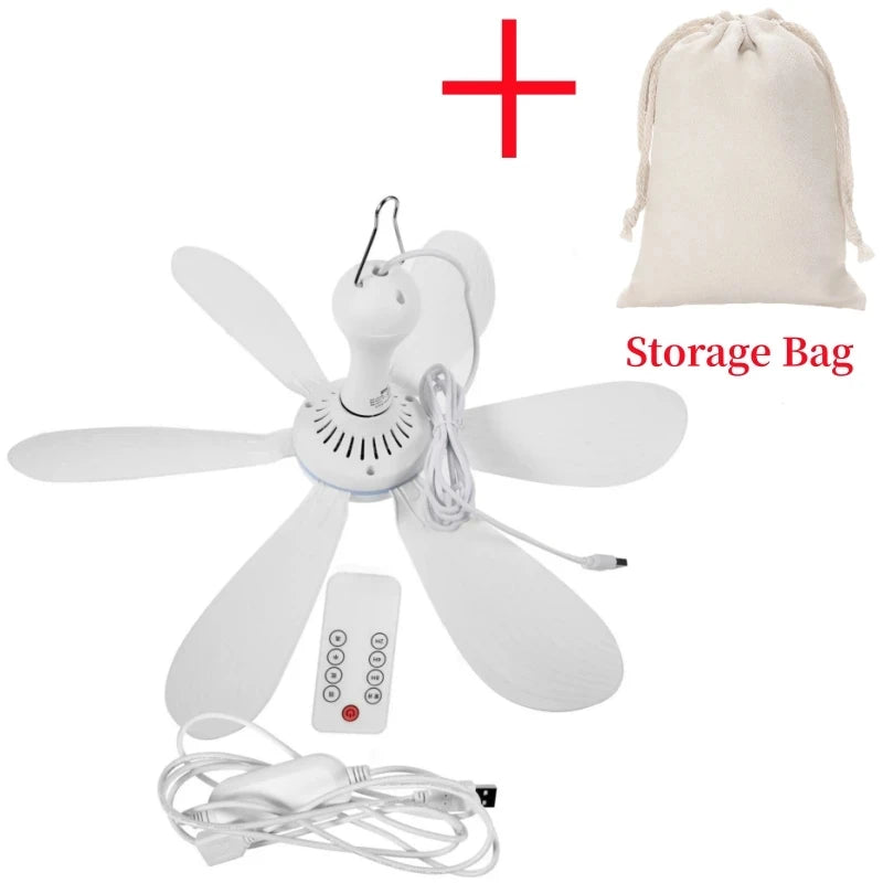 Silent 6-Leaf USB Powered Ceiling Canopy Fan with Remote Control, 4-Speed Timing, Hanging Fan for Camping Bed Dormitory Tent, New